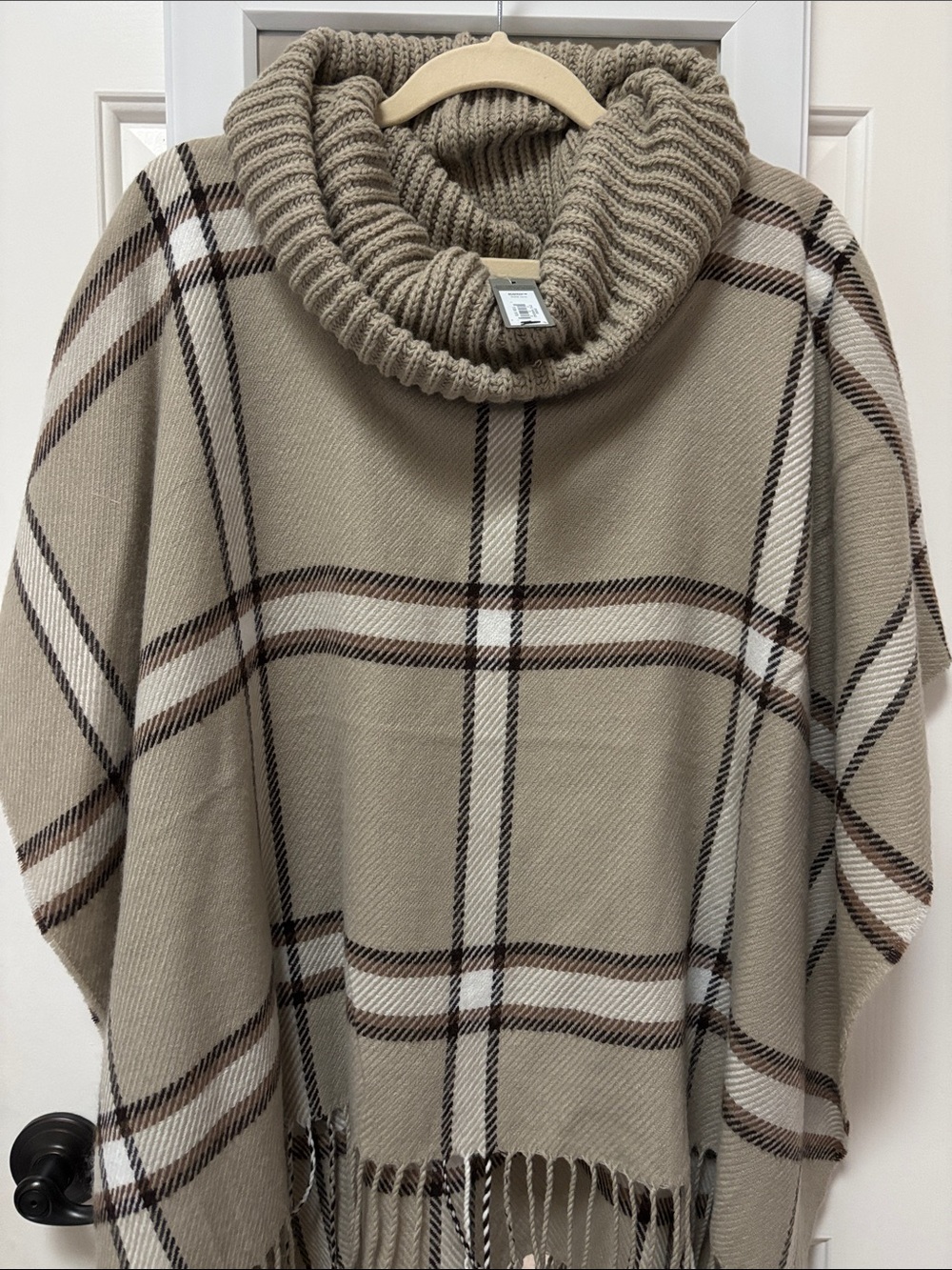 Apt. 9 Beige Plaid Turtleneck Poncho with Fringe